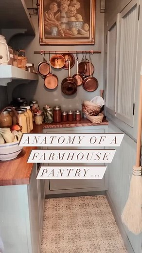 A peek inside our farmhouse pantry during the summertime. Canned jam, dried herbs, flour, jars for milking, freeze dried eggs, copper pots, fresh fruit, and aprons hanging are a few things you’ll find in our pantry throughout the summer! #farmhousepantry