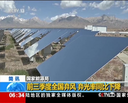 国家能源局：前三季度全国弃风 弃光率同比下降