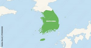 World Map Zoom In To South Korea. Animation in 4K Video. Green South Korea Territory On Blue and White World Map