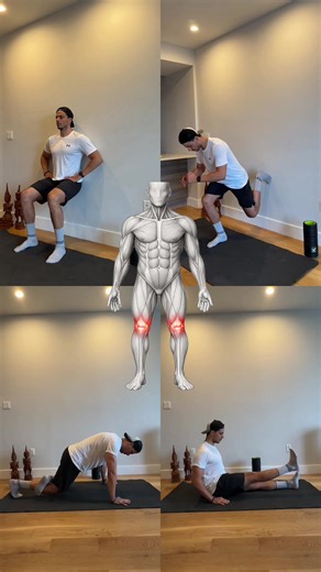4 Exercises for Stronger Knees! Strengthening the muscles around your knees can help reduce pressure on the joint and ease discomfort. Try performing these back-to-back for 2 sets daily, and let me know how they feel. #knee #knees #kneepain #kneepainrelief #prehab