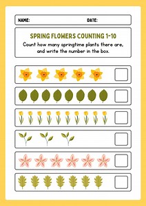 Spring Flowers Counting 1-10 Math Worksheet for Preschool & Kindergarten, Printable Nature Themed Number Practice Activity, Digital Download - Etsy UK