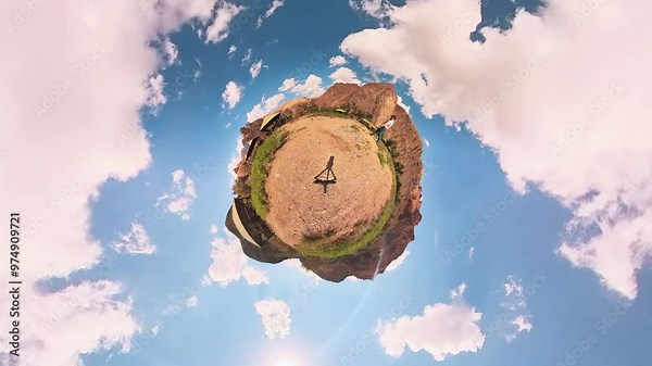 A tourist makes a trip around the world using a 360-degree panoramic camera. Kazakhstan.