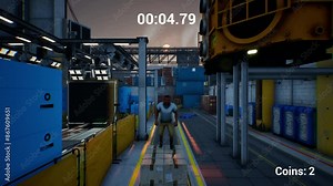 CGI footage of gameplay in third person action 3D video game, of male character running through industrial warehouse with ticking timer, jumping over containers, collecting golden coins, passing level Stock Video