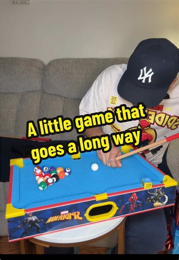 This tiny pool table somehow turned into the go-to distraction in the room #simplefunmoments #spideyplaytime #kidroomupgrade #bfweekpicks #marvelminiplay