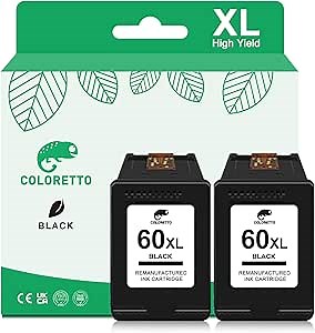 COLORETTO Remanufactured Printer Ink Cartridge Replacement for HP 60XL to use with C4680 D110 Deskjet D2680 D1660 D2530 F2430 F4210（2 Black） Combo Pack