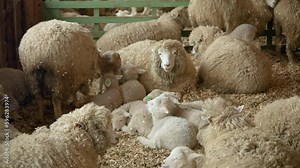 Merino sheep and young baby lambs inside wooden barn eating hay on a farm