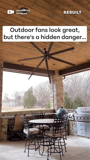 Rebuilt on Instagram: "Outdoor ceiling fans can become serious safety hazards in high winds. Strong winds may cause them to wobble violently, hit the ceiling, or even detach completely. Safety Tips: ✓ Choose wind-rated fans only ✓ Secure mounting properly ✓ Turn off during storms ✓ Regular maintenance checks Don't let poor installation turn your outdoor retreat into a danger zone! @carriebair10"