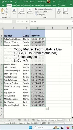 Copy AVERAGE, COUNT and SUM from Status Bar in Excel - Excel Tips and Tricks #shorts #fyp