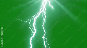 Branching lightning bolt illuminates a vibrant green background in a static video, with rim lighting highlighting each branch's edge in high contrast