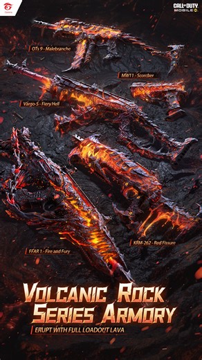 🌋 Volcanic Rock Series Armory Erupt with full LEGENDARY loadout lava: 🟧 Vargo-S – Fiery Hell 🟧 FFAR 1 – Fire and Fury 🟧 KRM-262 – Red Fissure 🟧 MW11 – Scorcher 🟧 OTs 9 – Malebranche Log in and unlock now! ➡️ https://codmgrn.onelink.me/7EoI/PlayCODM #GarenaCallOfDutyMobile #GarenaCODM #CODMArmorySeries #CODM2025Season4 | Garena Call of Duty Mobile