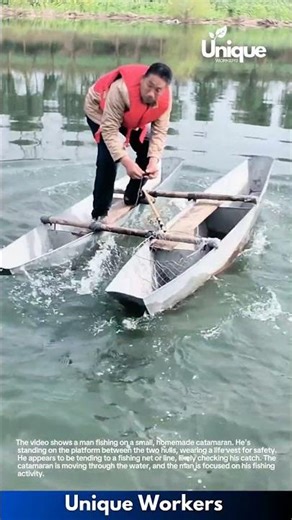 Unique Fishing Technique: Man Fishing on a DIY Catamaran