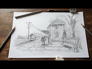 Pencil Drawing || A Country Side Railway Station