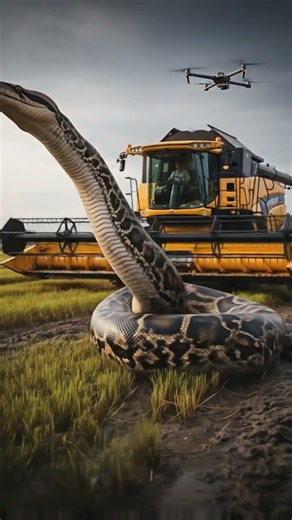 Giant python in muddy rice field