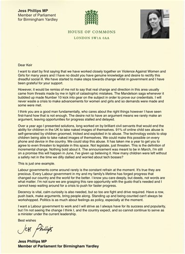 Jess Phillips' resignation letter to Keir Starmer in full