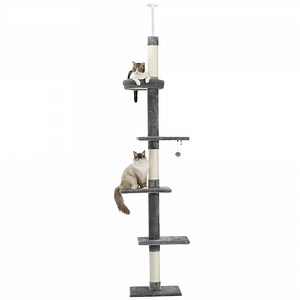 Pefilos Cat Tree Tower Interactive Adjustable 90"-108" Tall, 5-Tier Floor to Ceiling Cat Tower for Indoor Cats, Gray
