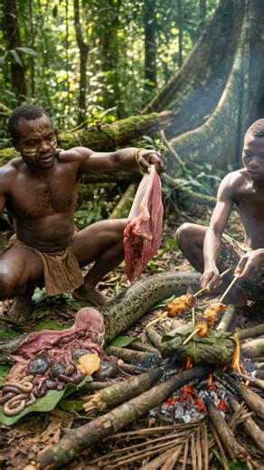 GIANT Python Cooking — Baka Pygmy Tribe Grills Snake Meat 🐍 🔥 #tribalcooking