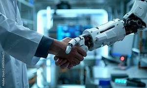 Focused scientist in laboratory coat working with advanced technology in a modern research lab, analyzing data on screens, surrounded by high-tech equipment.