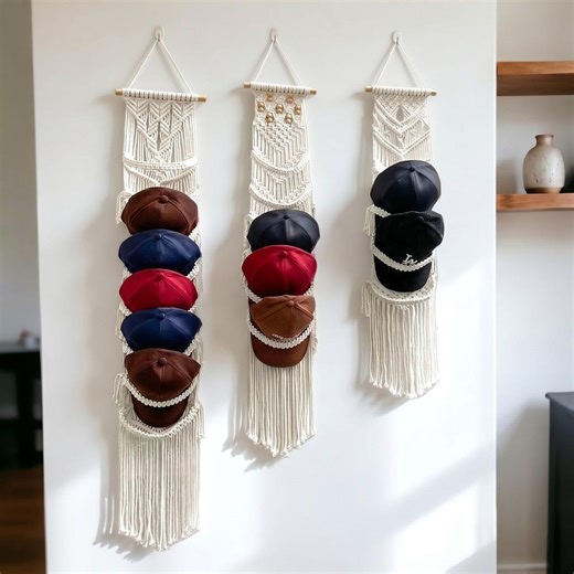 Macrame Baseball Cap Hanger Wall Mounted Hat Display Rack - Vertical Trucker Cap Holder - Hat Storage Gift for Him Father's Day - Etsy