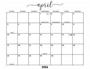 April 2026 Monthly Calendar: Minimalist Cursive Landscape Planner (printable PDF), Sunday   Monday Start, Letter (11" X 8.5"), A4 - Etsy