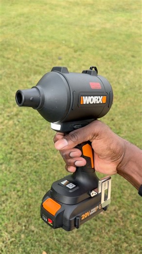 WORX 20V Dust Blower/Inflator WORX Tools The WORX 20V Dust Blower/Inflator features a air speed of 470 MPH for quick debris removal and inflating, 4-speed settings with variable speed trigger, lock-on for hands-free blowing, and a built-in LED light to illuminate dark spaces! I used this blower to clean up some leaves and debris around the greenhouse. I also used the blower to inflate this 6.5 ft soccer ball. The blower has an average 21 minute runtime while using one 20V 2.0 Amp Battery at the 
