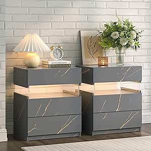 i-aplus LED Nightstand Set of 2,Night Stand Set 2,Modern Night Stand with 3 Drawers,Night Stands for Bedroom Set of 2,Bedside Table with Silent Slide Drawer