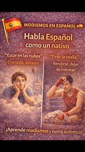 🇪🇸 Español ¿Conoces la expresión “estar en las nubes”? Significa estar distraído o pensando en otra cosa, como cuando sueñas despierto. Otra muy usada es “tirar la toalla”, que quiere decir rendirse o dejar de intentarlo. Aprender modismos como estos hace que tu español suene mucho más natural y auténtico. 🇧🇷 Português (BR)Você conhece a expressão “estar nas nuvens”? Ela significa estar distraído ou pensando em outra coisa, como quando você sonha acordado. Outra muito usada é “jogar a toalha