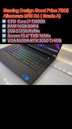 Alienware VGA RTX3050 4GB RAM 16GB អេក្រង់ 165Hz ✅Alienware M15 R6 ( Grade A) ✅CPU : Core i7-11800H 2.3GHz 16CPUs ➡️RAM : 16GB DDR4 ➡️SSD : 512GB NVMe ➡️VGA : Nvidia GeForce RTX3050 Ti 4GB ➡️Screen : 15.6” FHD (1920 x 1080) ➡️Refresh Rate : 165hz ➡️Keyboard: Light RGB 🌎 Contact : 096 67 28 801 , 077 707 900 🌎 Channel : https://t.me/JC_Shop 🌎 Channel TikTok : http://www.tiktok.com/@gamingcompuyer ▪️ https://t.me/Accessories_JS ▪️ Private chat 💬 ▪️ តម្លៃត្រឹមតែ 730$ ━━━━━━✥◈✥━━━━━━