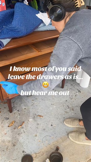 I decided to deepen the color a tiny tiny bit on the drawers. Because there is shellac on these the stain is not getting absorbed so its taking minimal color being wiped on top. #dressergate ##thedresser #furniturerestoration #midcenturymodern #refinishing #furniturerefinishing #restoration #mcm #vintage | Half Finished Home