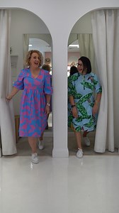 9.1K views · 72 reactions | We're here to brighten up your day with some behind the scenes fun with Leisa and Libby! 朗 search video 430 on our website to shop. Libby (size 10-12) wears the Lotte Green Leaf Puff Sleeve Dress in M & the Darla Vivid Leaf Cotton Poplin Dress in M. Leisa (size 14-16) wears the Santana Black Spot Linen Dress in L & the Hayes Tropicana Cotton Poplin Dress in L. | Blue Bungalow | Facebook