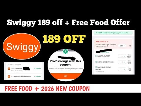 Swiggy 189 off + Free Food Offer || swiggy coupon code today || Swiggy Burger offer