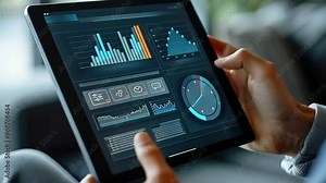Close-up of hands holding a tablet with advanced data analytics dashboards