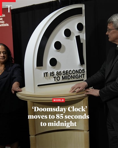 TIME on Instagram: "“We are running out of time.” Atomic scientists set the "Doomsday Clock" to 85 seconds to midnight, the closest it has ever been, warning that nuclear risk, climate change, and artificial intelligence are pushing humanity closer to catastrophe. First established in 1947 by the Bulletin of the Atomic Scientists, the "Doomsday Clock" is a symbolic measure that represents how close humanity is to destroying our own world through disruptive technologies. By moving the clock four