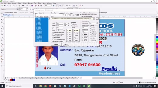 ID Card Sotware -1 மணி நேரத்தில் 2000 ஐடி கார்டுகள் தயார் செய்யும் அதி அற்புதம். Lifetime Validity. No Yearly Renewal. available @ Guru Computers only. Cell: 98655 08800 Only 3 steps ate taken out. 1) Import Datas from XL to corelDRAW Each Student details placed in separate page. 2) Automatically Insert the photos from the specific folder in every page. Automatically photos placed on the pictureholder. 3) Export into 12x8 or any custom design. | Skr Sankar