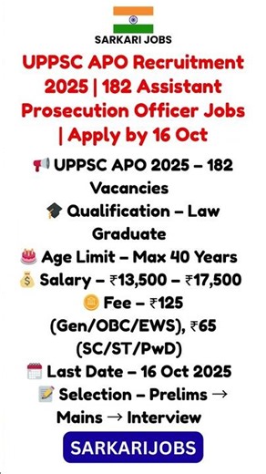 UPPSC APO Recruitment 2025 | 182 Assistant Prosecution Officer Jobs | Apply by 16 Oct