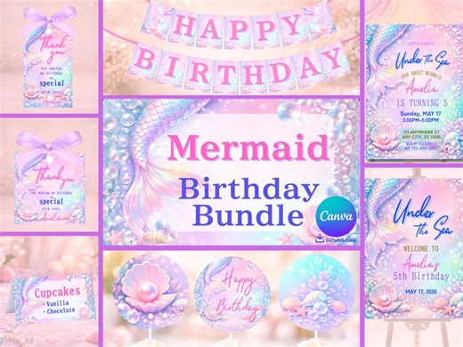 Mermaid Birthday Bundle Printable, Under the Sea Party Decor Set, Editable Invitation, Ocean Kids Birthday - Etsy