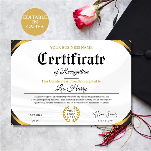 Editable Recognition Certificate Template – Printable Elegant Appreciation Corporate Employee Award Achievement Keepsake (digital Download) - Etsy