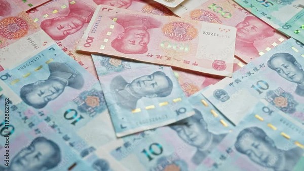 Chinese currency yuan banknotes scattered displaying various denominations including 10 50 and 100 yuan featuring the image of mao zedong illustrating finance economy and wealth in china