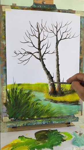 042 - Fast Painting Process | Birch Trees and Daisies by the Stream 🌿🎨