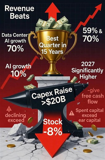 The market has now sold the AI supply chain on three separate capex increases in three weeks.- TSMC raised capital spending to $60-64 billion. Micron fell 5.7%.- Alphabet raised 2026 capex to $195-205 billion. The semiconductor complex fell 4.3%.- Intel raised its own past $20 billion, on the best quarter it has printed in fifteen years. It fell 7.89%.Three raises. Three selloffs in the companies that supposedly receive the money.Most people are reading this as an AI demand scare. It is not. The