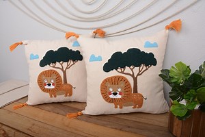 Safari Lion Pillow Cover 16x16, Embroidered Jungle Cushion for Kids Room or Nursery, Orange Tassel Decor - Etsy