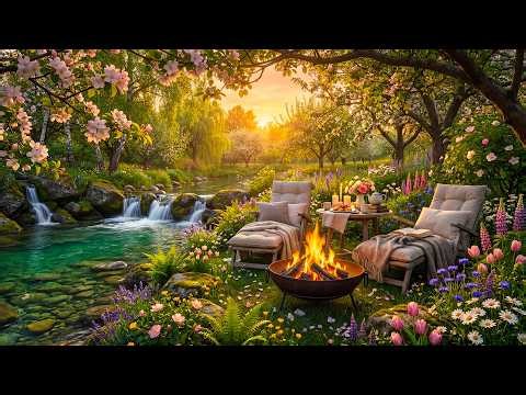 Tranquil Spring Stream Garden 🌿🔥 Campfire, Flowers & Gentle Water Sounds for Relaxation