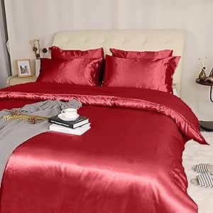 7 Pc Silk Satin Sheet Set - Pure Silk Sheets - Silk Satin Fitted - Silk Satin Flat - Silk Satin Duvet Cover - Silk Satin Pillowcase - Skin Friendly Silk Satin Sheet Set - (Queen Burgundy)