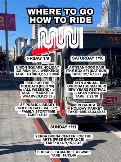 Winter in SF still has plenty going on ☀️ Take #SFMuni to the @unionsquarerink for a spin on the ice or head down to @pier39 for a waterfront walk. Tag @sfmta_muni or #SFMuni and show us how you’re spending your weekend. 📸🚋