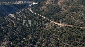 Alpine scrubland with trees spread around sandy road on sloping landscape, aerial overview