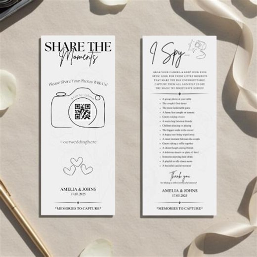 Wedding I Spy Game & QR Code Photo Sign, Printable Scavenger Hunt, Guest Picture Upload, Minimalist Reception Decor, Editable Canva Template - Etsy