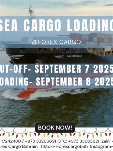 📢 SEA CARGO ANNOUNCEMENT 🚢 We would like to inform our valued customers that our next Sea Cargo shipment is scheduled as follows: ✅ Cut-off Date: September 7, 2025 ✅ Loading Date: September 8, 2025 Send your balikbayan boxes with Forex Cargo Bahrain and rest assured that your shipments are handled with care, ensuring safe and timely delivery to your loved ones in the Philippines. 💙 📦 Book early to avoid delays and secure your slot in this batch. 📞 For bookings & inquiries, reach us anytime: