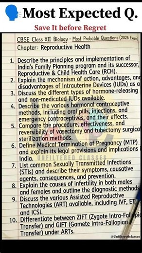 🗣️Board Exam में यही आएगा! Top 10 Qs – Reproductive Health | Class 12 #shorts #unfilteredclasses