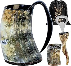 Drinking Mug -16-20 oz | Viking Gifts for Men & Women | Norse Viking Horn Cup For Beer, Ale, Mead, Cold Drink | Authentic Ox Horn & Handmade | Natural Polished (Plain)