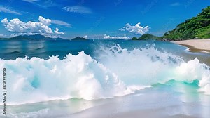 Sandy beach with clear blue water and green hills in the background under clear skies, A serene panorama of a secluded beach with crystal clear water lapping at the shore