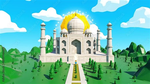 Low poly 3D animation of Taj Mahal landmark appearing with voxel character in green landscape